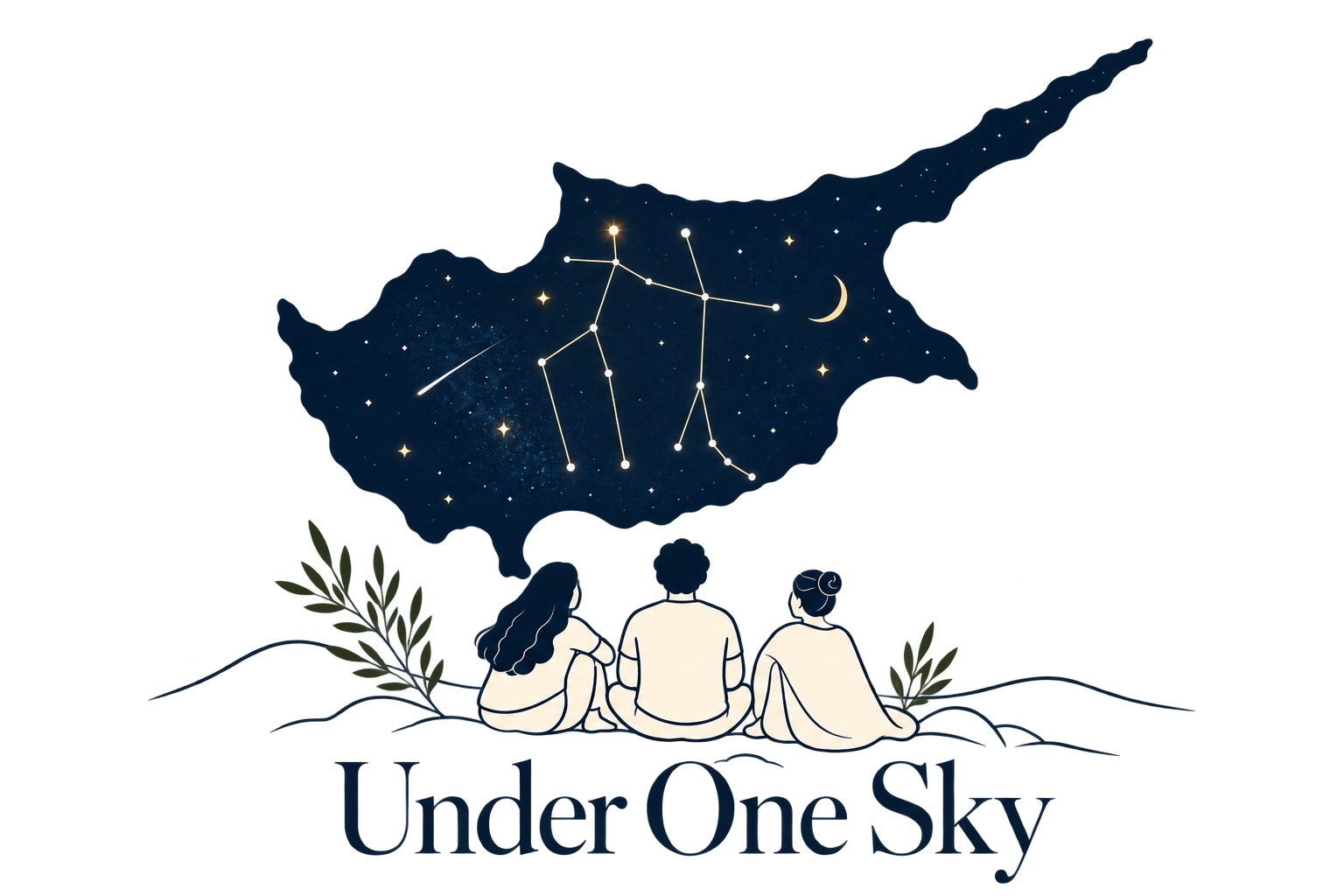 Under One Sky. Three people sitting together beneath a star-filled silhouette of Cyprus and the Gemini constellation.